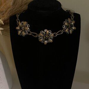Vintage Copper Floral Link Statement Necklace Ornate Flower Design